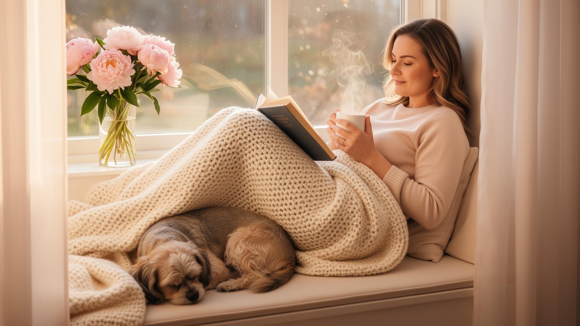 Pittsburgh mom enjoying free time on a sunlit window seat in a clean home