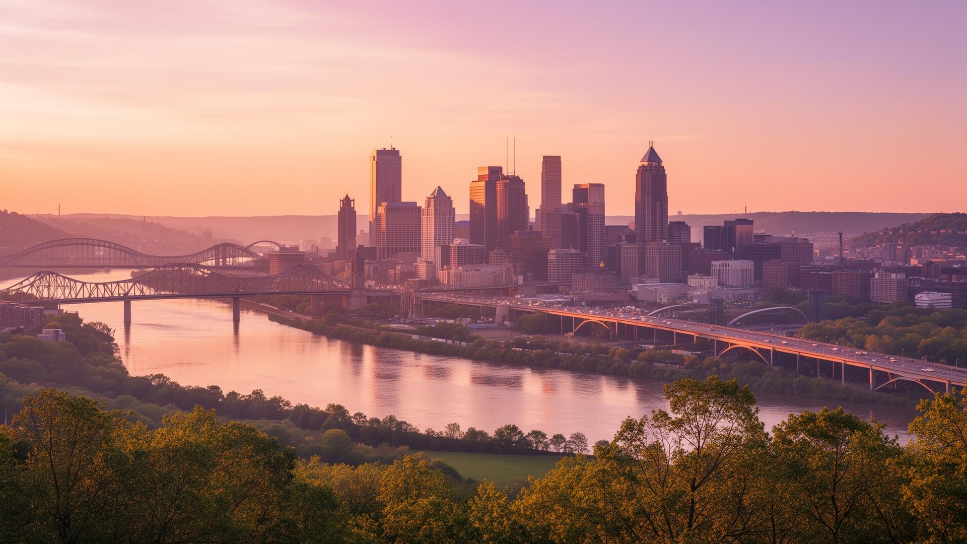 Golden-hour Pittsburgh view — Overbrook neighborhood