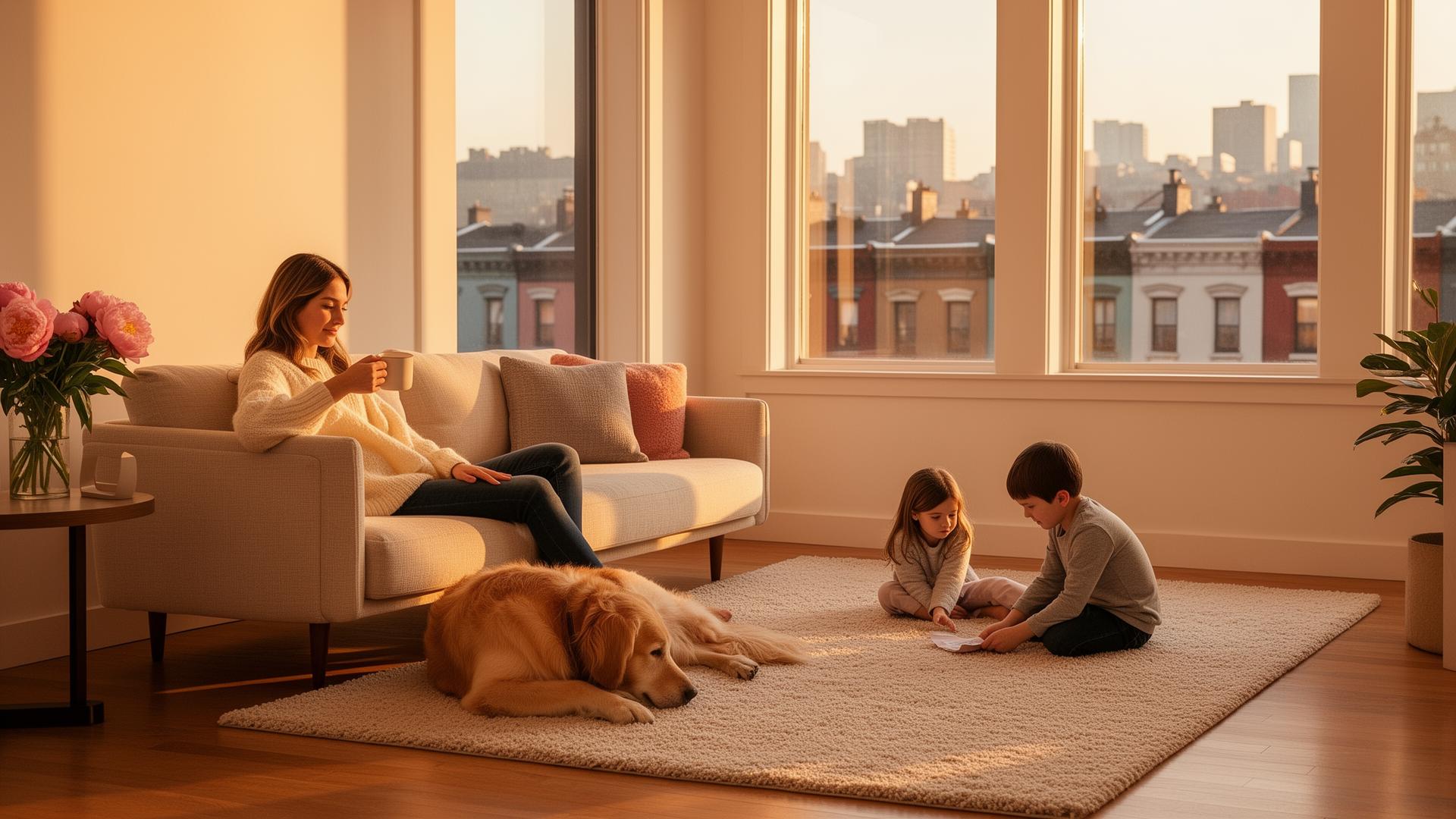 Sun-drenched Pittsburgh living room with family enjoying their freshly cleaned home